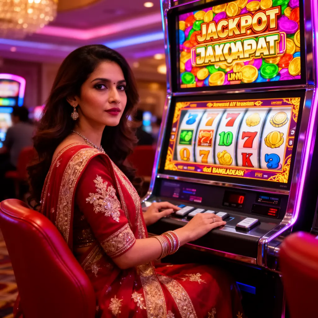 8999tt – Discover visually stunning slot games with big win potential in Bangladesh Elegant woman playing a modern slot machine with bright jackpot symbols in a cinematic casino setting at 8999tt in Bangladesh